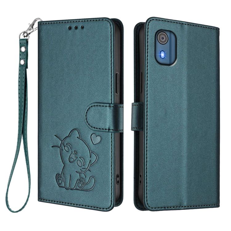 For Nokia C02 Embossed Heart Cat Leather Phone Case with Hand Strap