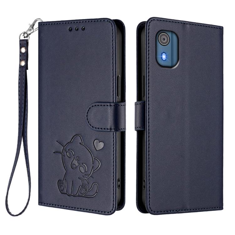 For Nokia C02 Embossed Heart Cat Leather Phone Case with Hand Strap