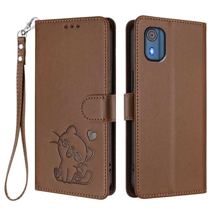 For Nokia C02 Embossed Heart Cat Leather Phone Case with Hand Strap