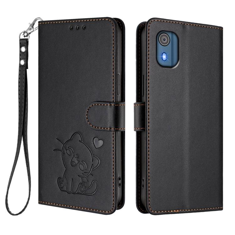 For Nokia C02 Embossed Heart Cat Leather Phone Case with Hand Strap