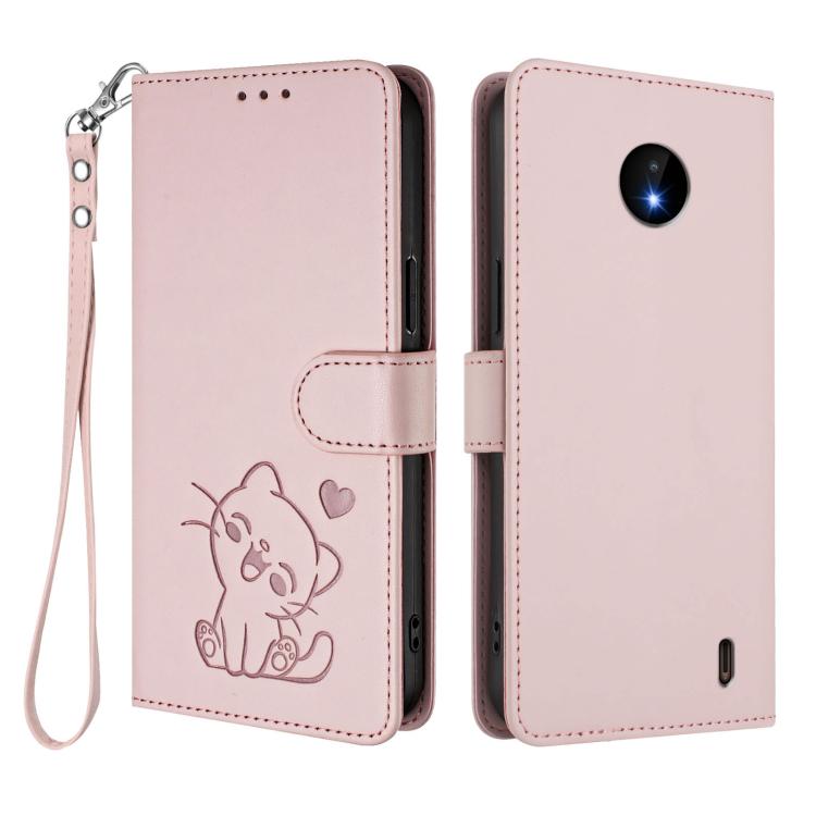 For Nokia C20 / C10 Embossed Heart Cat Leather Phone Case with Hand Strap