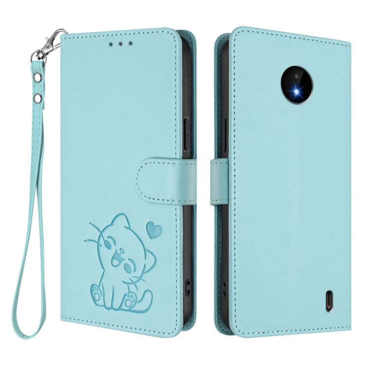 For Nokia C20 / C10 Embossed Heart Cat Leather Phone Case with Hand Strap