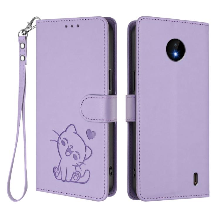 For Nokia C20 / C10 Embossed Heart Cat Leather Phone Case with Hand Strap