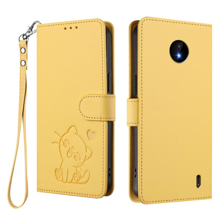 For Nokia C20 / C10 Embossed Heart Cat Leather Phone Case with Hand Strap