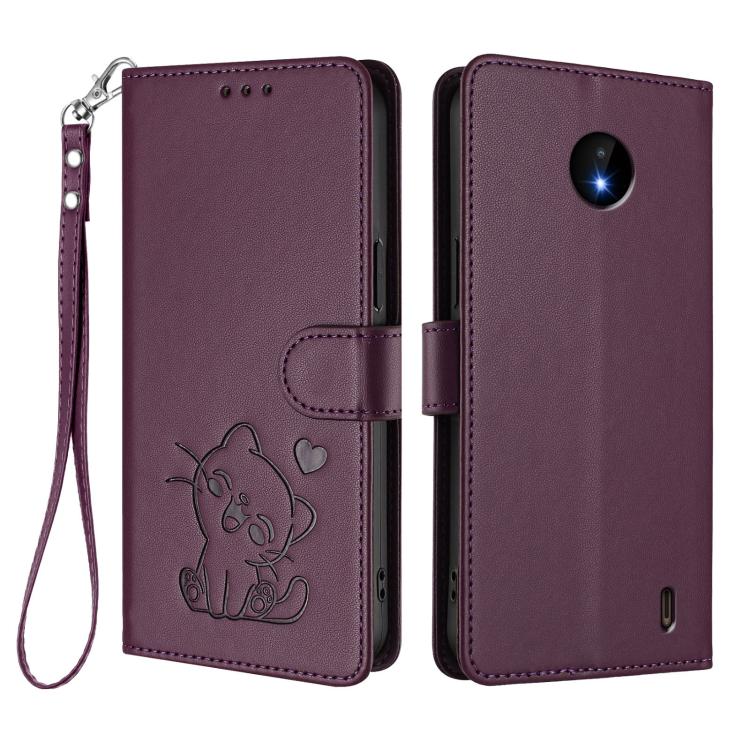 For Nokia C20 / C10 Embossed Heart Cat Leather Phone Case with Hand Strap