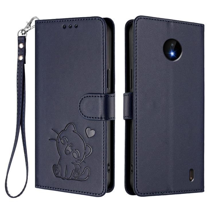 For Nokia C20 / C10 Embossed Heart Cat Leather Phone Case with Hand Strap