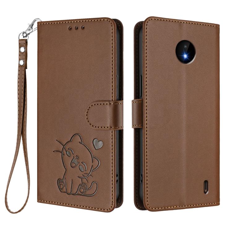 For Nokia C20 / C10 Embossed Heart Cat Leather Phone Case with Hand Strap