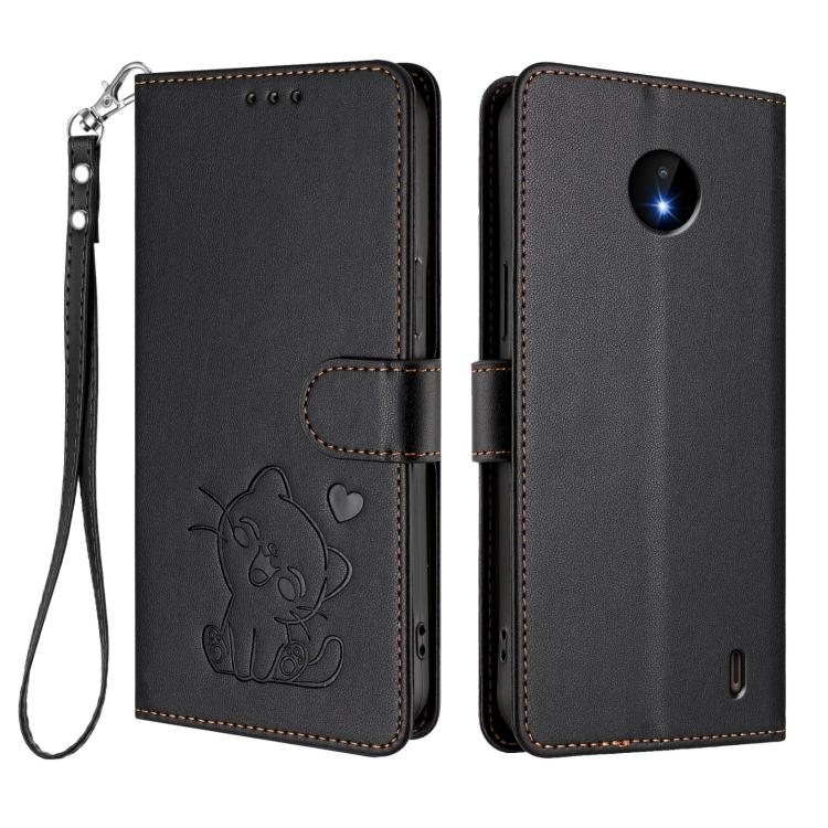 For Nokia C20 / C10 Embossed Heart Cat Leather Phone Case with Hand Strap