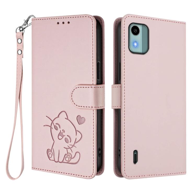For Nokia C12 Embossed Heart Cat Leather Phone Case with Hand Strap