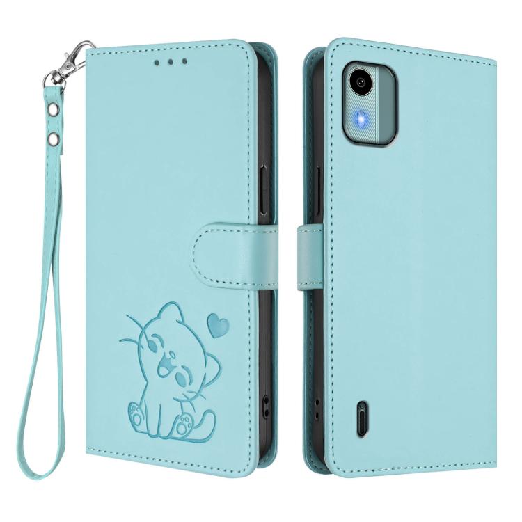 For Nokia C12 Embossed Heart Cat Leather Phone Case with Hand Strap