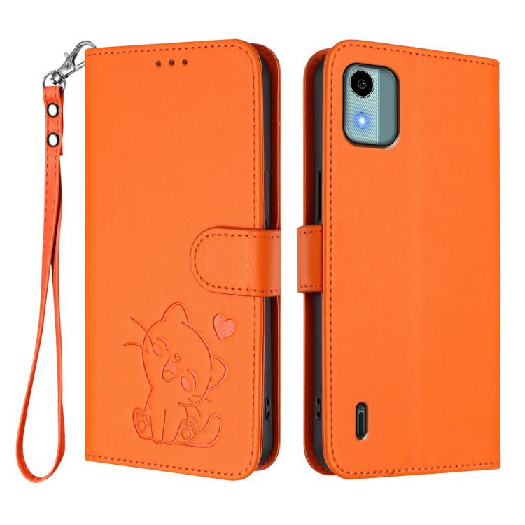 For Nokia C12 Embossed Heart Cat Leather Phone Case with Hand Strap