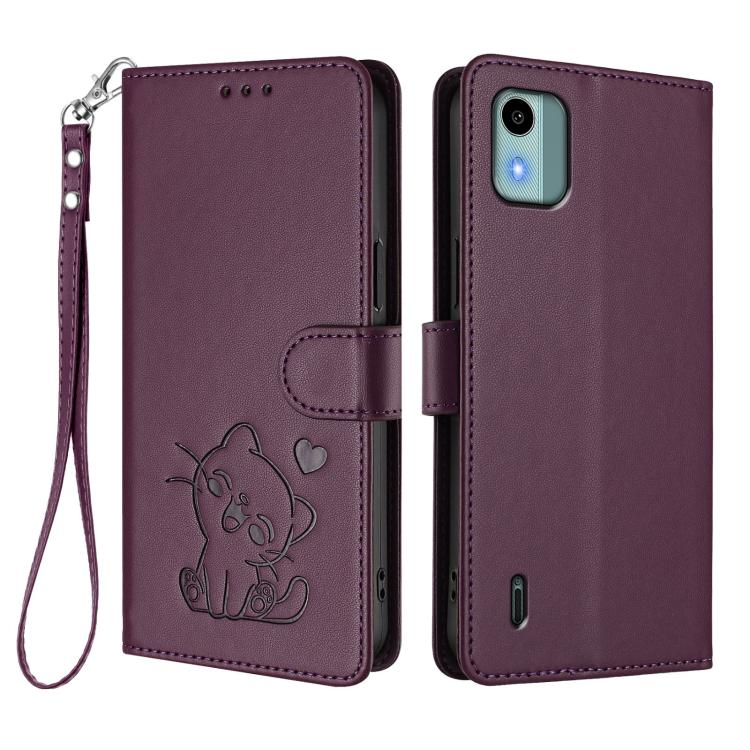 For Nokia C12 Embossed Heart Cat Leather Phone Case with Hand Strap