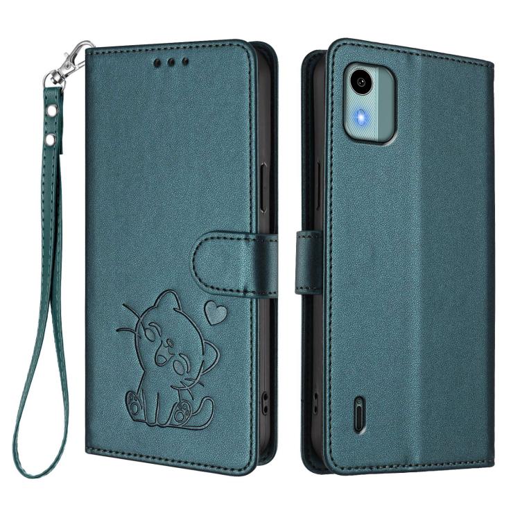 For Nokia C12 Embossed Heart Cat Leather Phone Case with Hand Strap