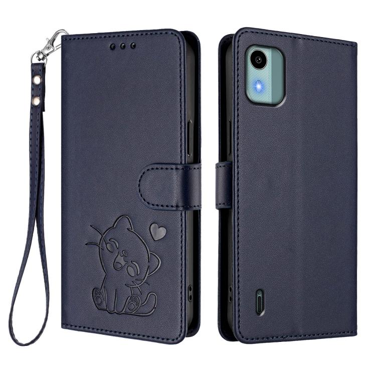 For Nokia C12 Embossed Heart Cat Leather Phone Case with Hand Strap