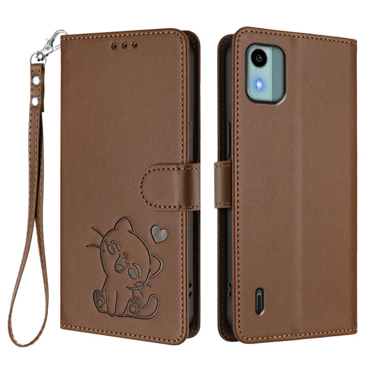 For Nokia C12 Embossed Heart Cat Leather Phone Case with Hand Strap