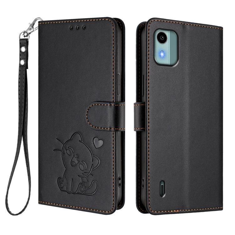 For Nokia C12 Embossed Heart Cat Leather Phone Case with Hand Strap