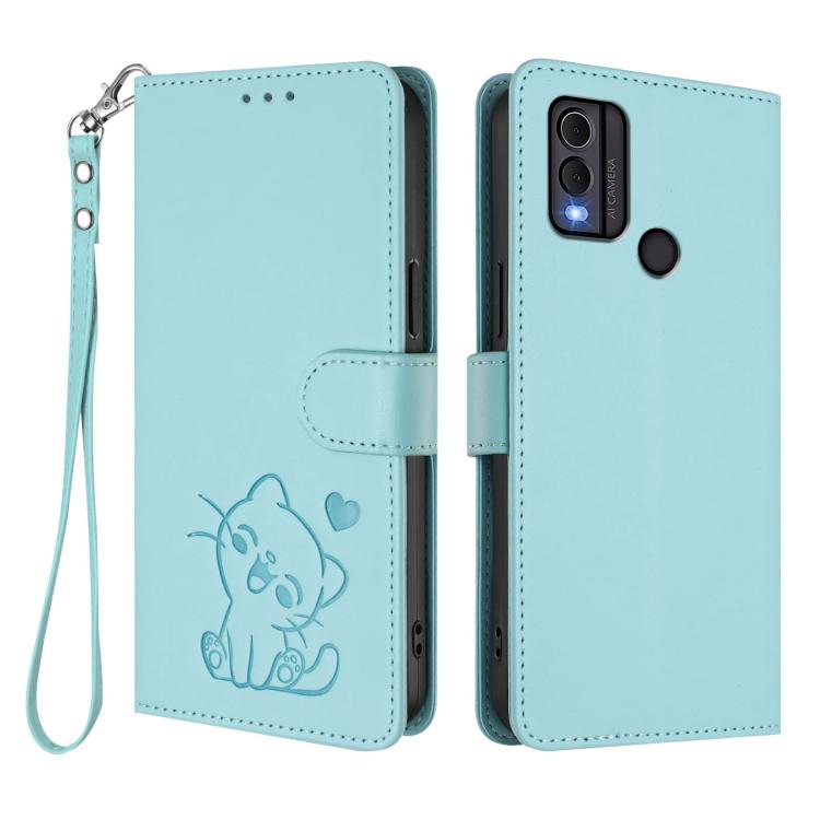 For Nokia C22 Embossed Heart Cat Leather Phone Case with Hand Strap