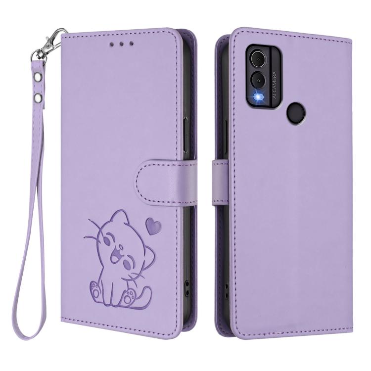 For Nokia C22 Embossed Heart Cat Leather Phone Case with Hand Strap