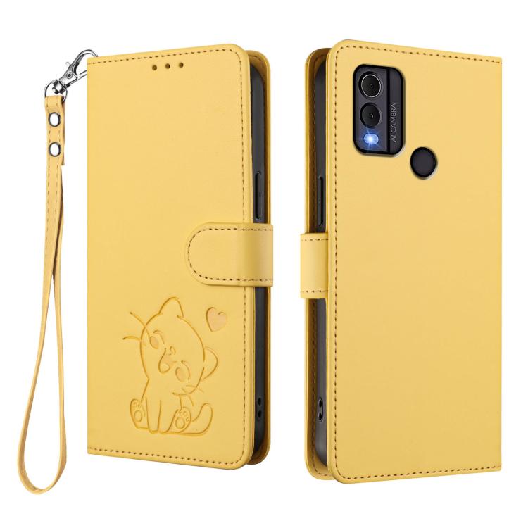 For Nokia C22 Embossed Heart Cat Leather Phone Case with Hand Strap