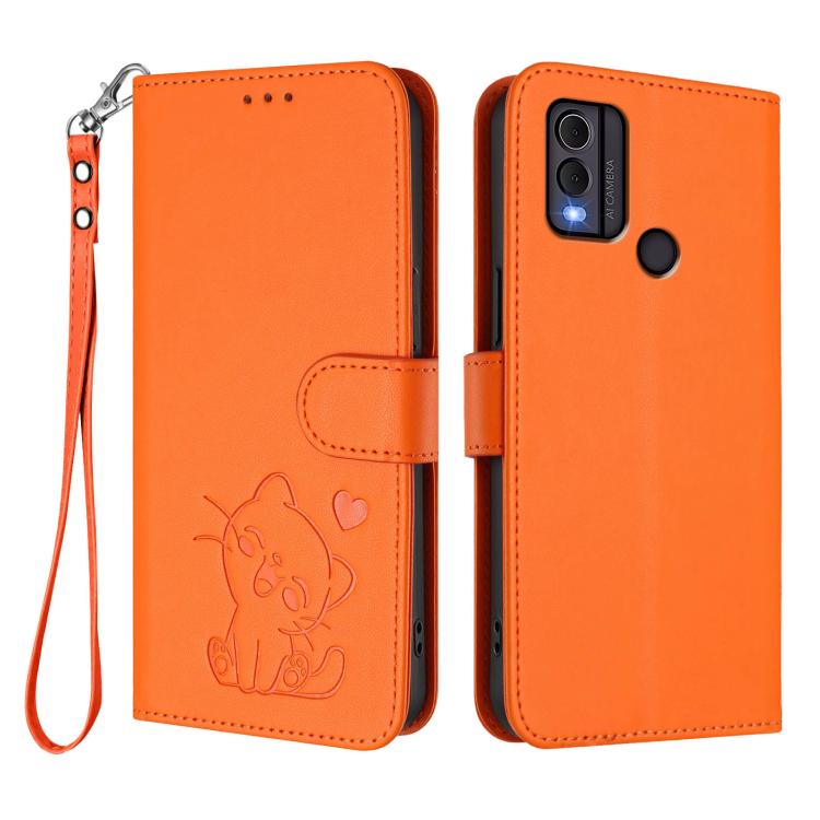 For Nokia C22 Embossed Heart Cat Leather Phone Case with Hand Strap