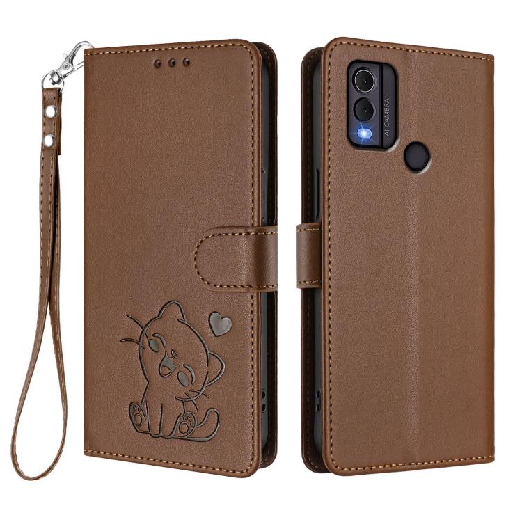 For Nokia C22 Embossed Heart Cat Leather Phone Case with Hand Strap