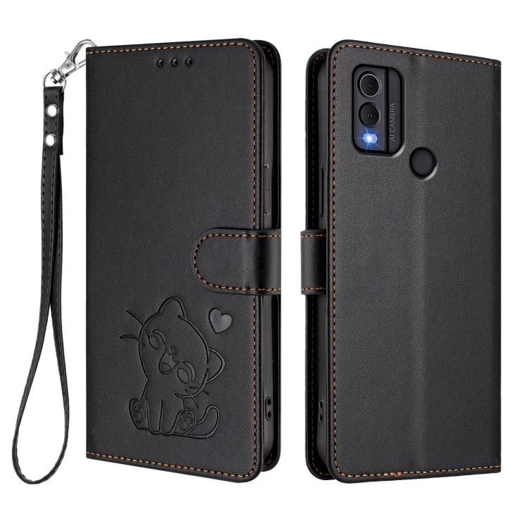 For Nokia C22 Embossed Heart Cat Leather Phone Case with Hand Strap