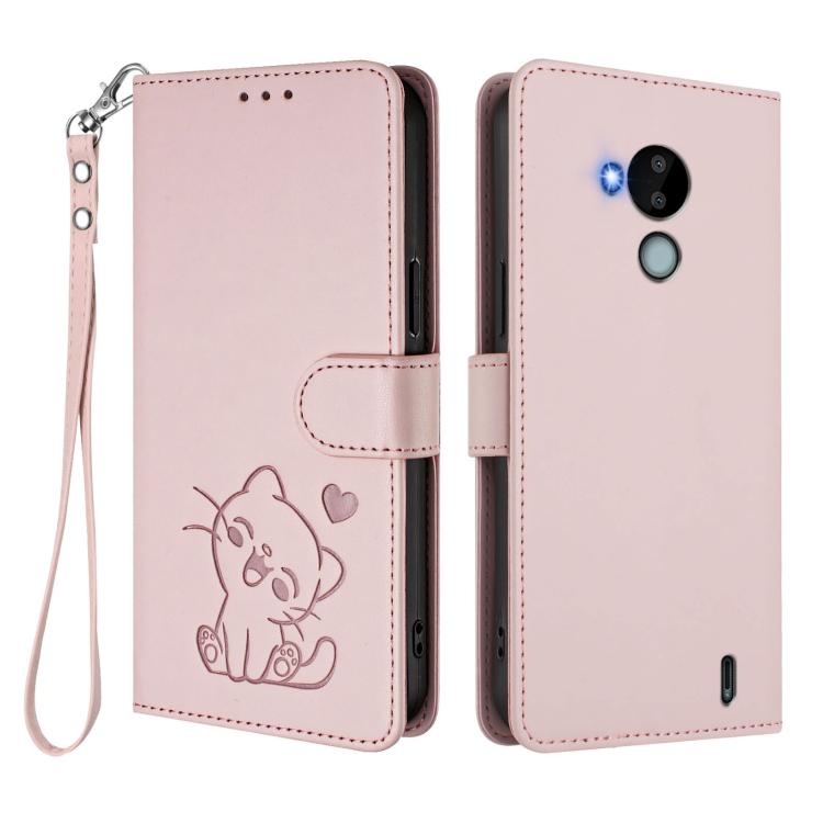 For Nokia C30 Embossed Heart Cat Leather Phone Case with Hand Strap