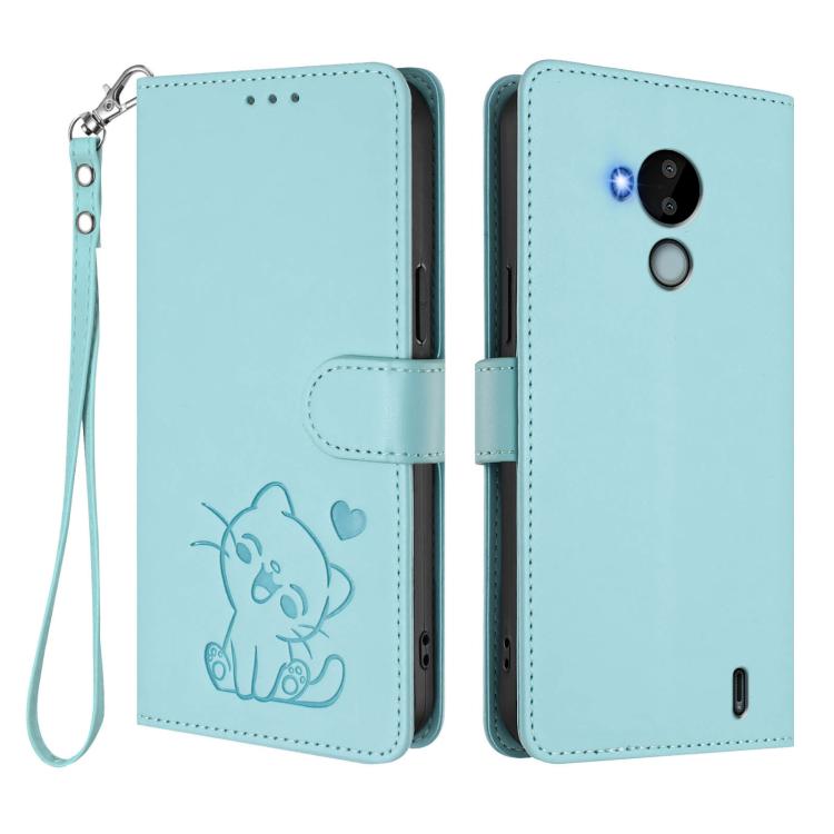 For Nokia C30 Embossed Heart Cat Leather Phone Case with Hand Strap
