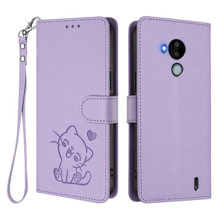 For Nokia C30 Embossed Heart Cat Leather Phone Case with Hand Strap