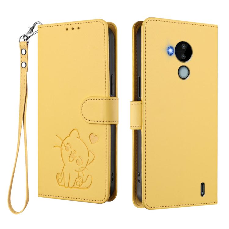 For Nokia C30 Embossed Heart Cat Leather Phone Case with Hand Strap