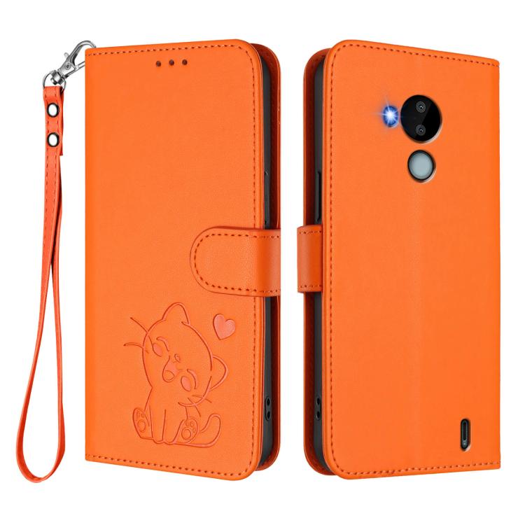 For Nokia C30 Embossed Heart Cat Leather Phone Case with Hand Strap