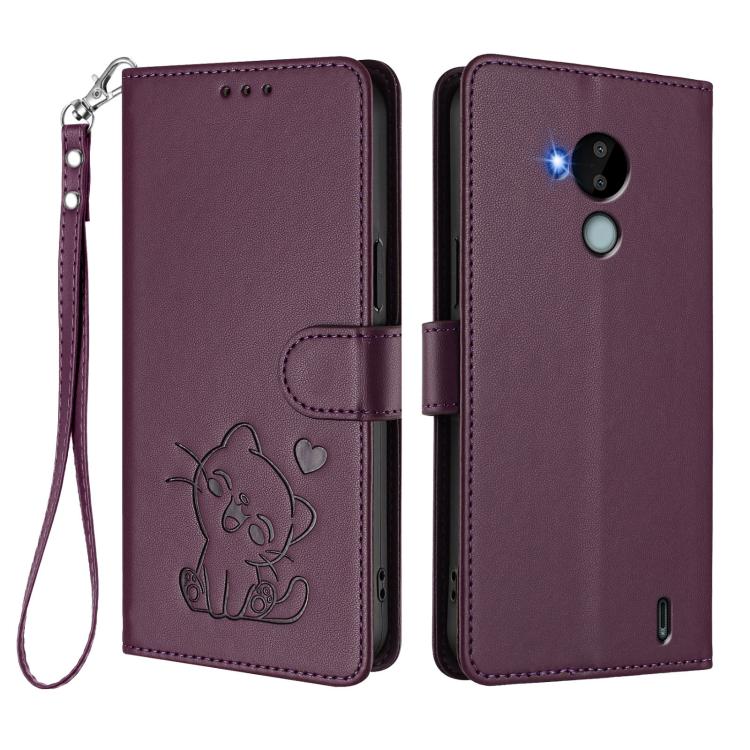 For Nokia C30 Embossed Heart Cat Leather Phone Case with Hand Strap