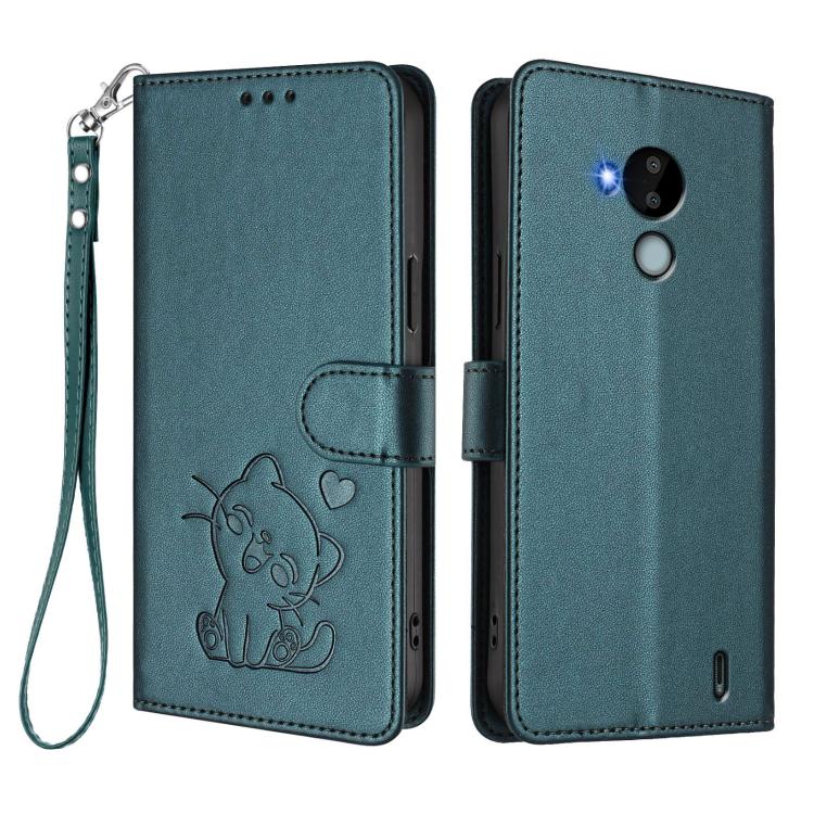 For Nokia C30 Embossed Heart Cat Leather Phone Case with Hand Strap