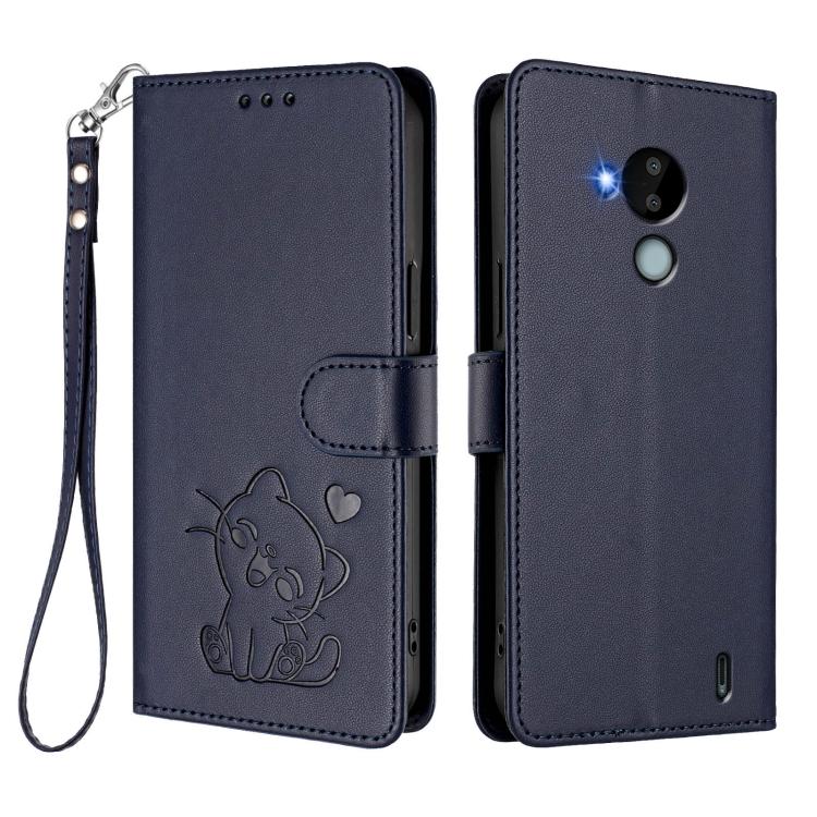 For Nokia C30 Embossed Heart Cat Leather Phone Case with Hand Strap