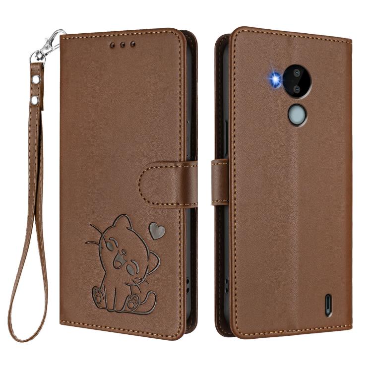 For Nokia C30 Embossed Heart Cat Leather Phone Case with Hand Strap