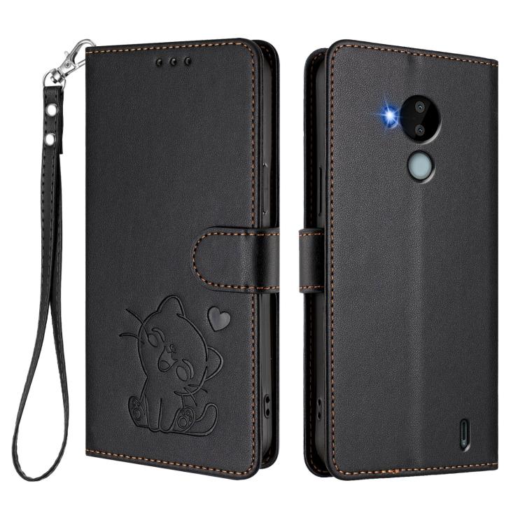 For Nokia C30 Embossed Heart Cat Leather Phone Case with Hand Strap