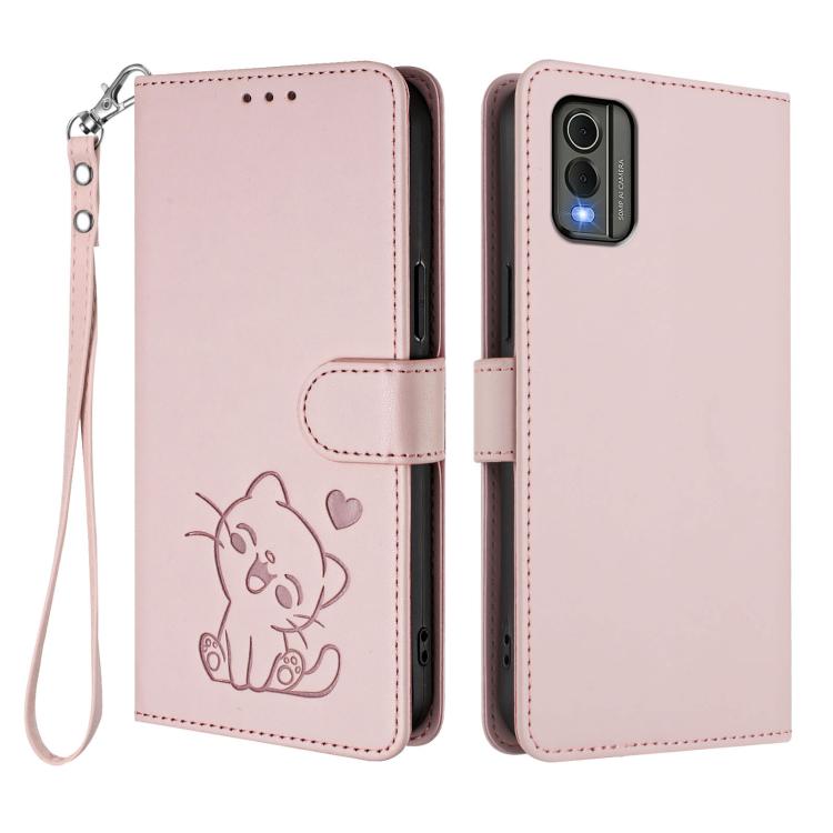 For Nokia C32 Embossed Heart Cat Leather Phone Case with Hand Strap