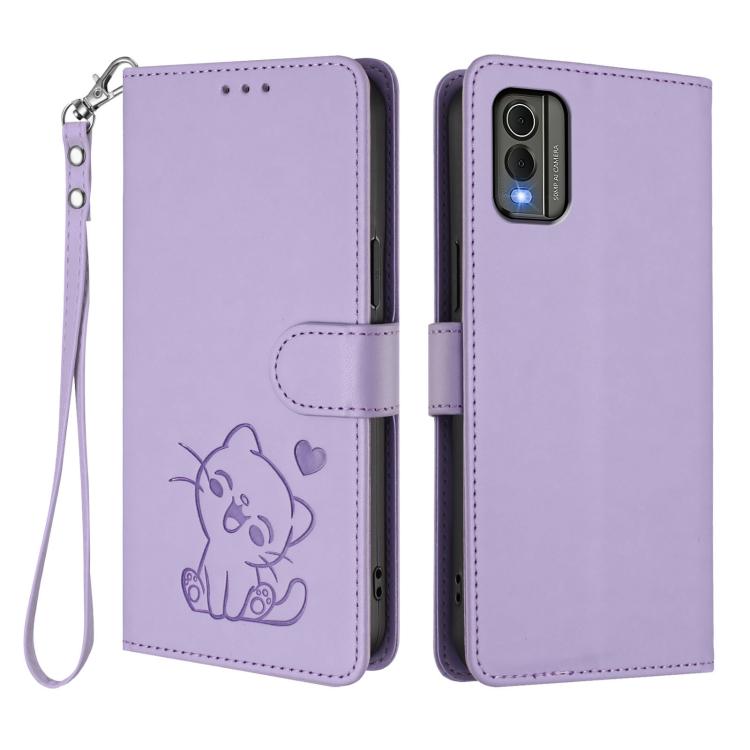 For Nokia C32 Embossed Heart Cat Leather Phone Case with Hand Strap