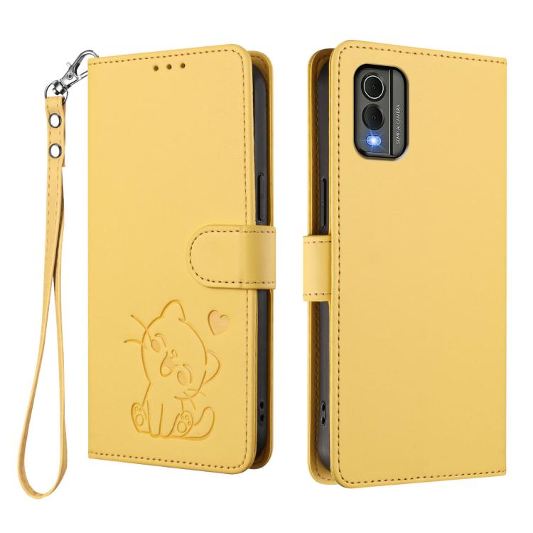 For Nokia C32 Embossed Heart Cat Leather Phone Case with Hand Strap