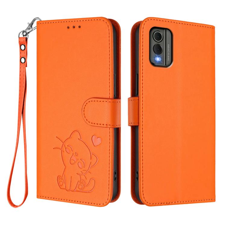 For Nokia C32 Embossed Heart Cat Leather Phone Case with Hand Strap