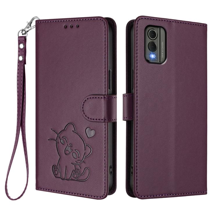 For Nokia C32 Embossed Heart Cat Leather Phone Case with Hand Strap
