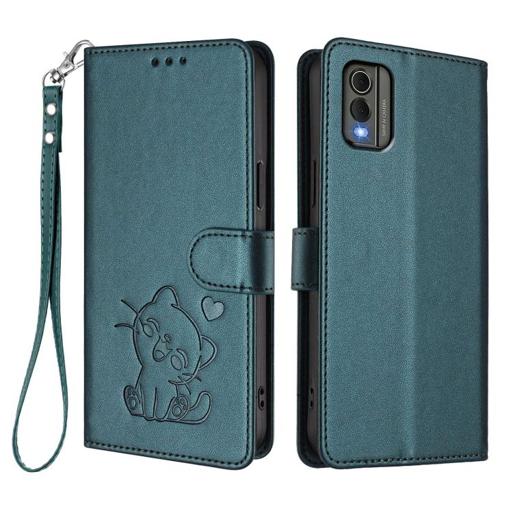 For Nokia C32 Embossed Heart Cat Leather Phone Case with Hand Strap