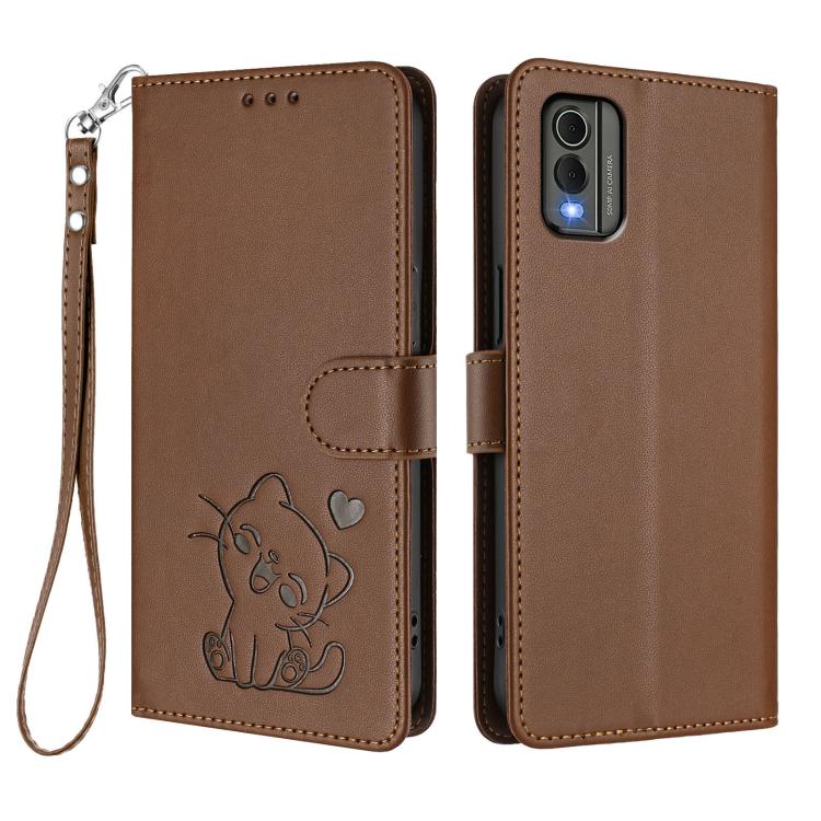 For Nokia C32 Embossed Heart Cat Leather Phone Case with Hand Strap