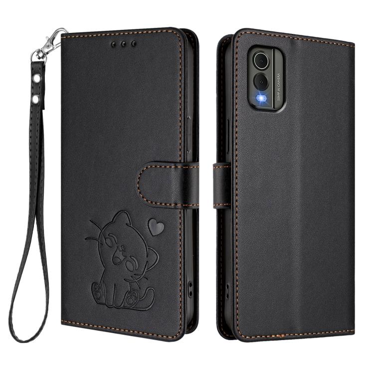 For Nokia C32 Embossed Heart Cat Leather Phone Case with Hand Strap