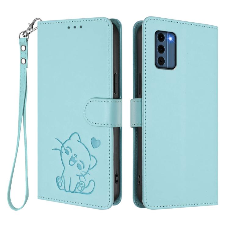 For Nokia C300 Embossed Heart Cat Leather Phone Case with Hand Strap