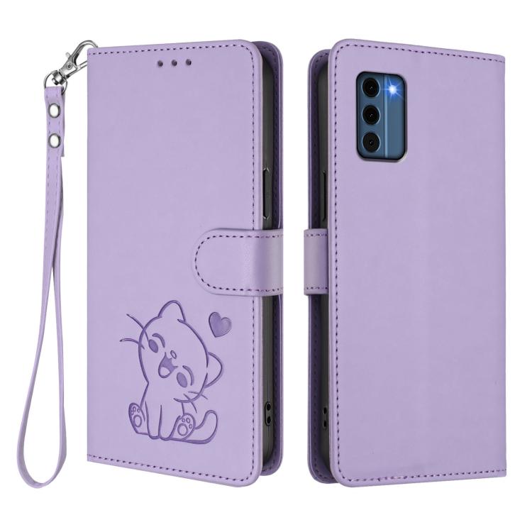 For Nokia C300 Embossed Heart Cat Leather Phone Case with Hand Strap
