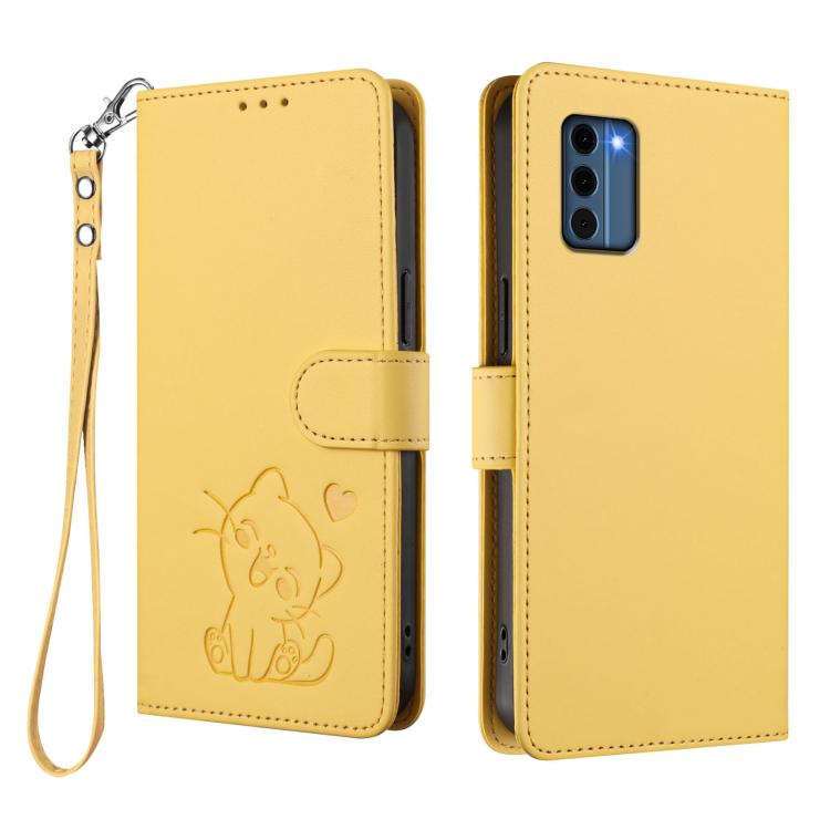 For Nokia C300 Embossed Heart Cat Leather Phone Case with Hand Strap
