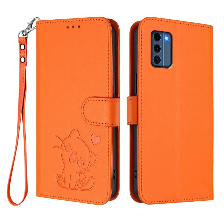 For Nokia C300 Embossed Heart Cat Leather Phone Case with Hand Strap