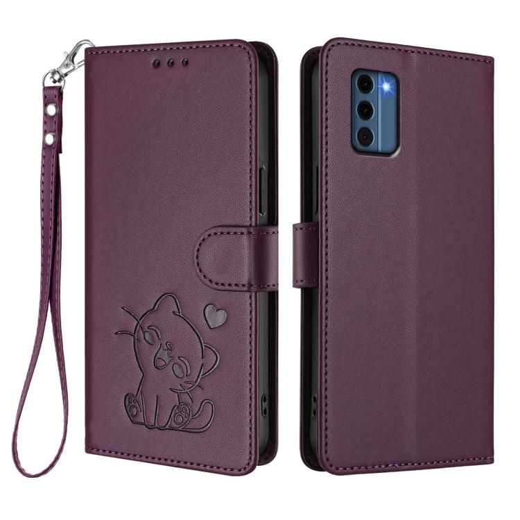 For Nokia C300 Embossed Heart Cat Leather Phone Case with Hand Strap