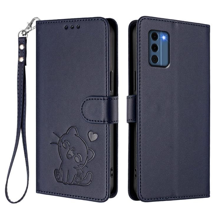 For Nokia C300 Embossed Heart Cat Leather Phone Case with Hand Strap